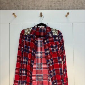 Red Plaid Women's Jacket with Sequin Detail